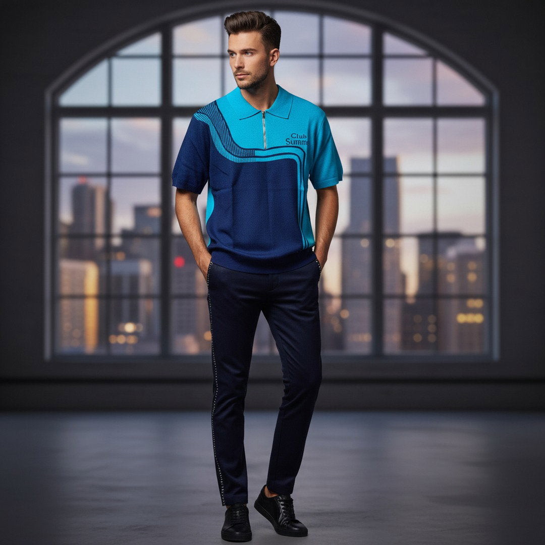 Club Summer Colour Block Zip Polo Shirt – Navy & Teal