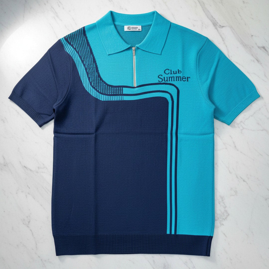 Club Summer Colour Block Zip Polo Shirt – Navy & Teal