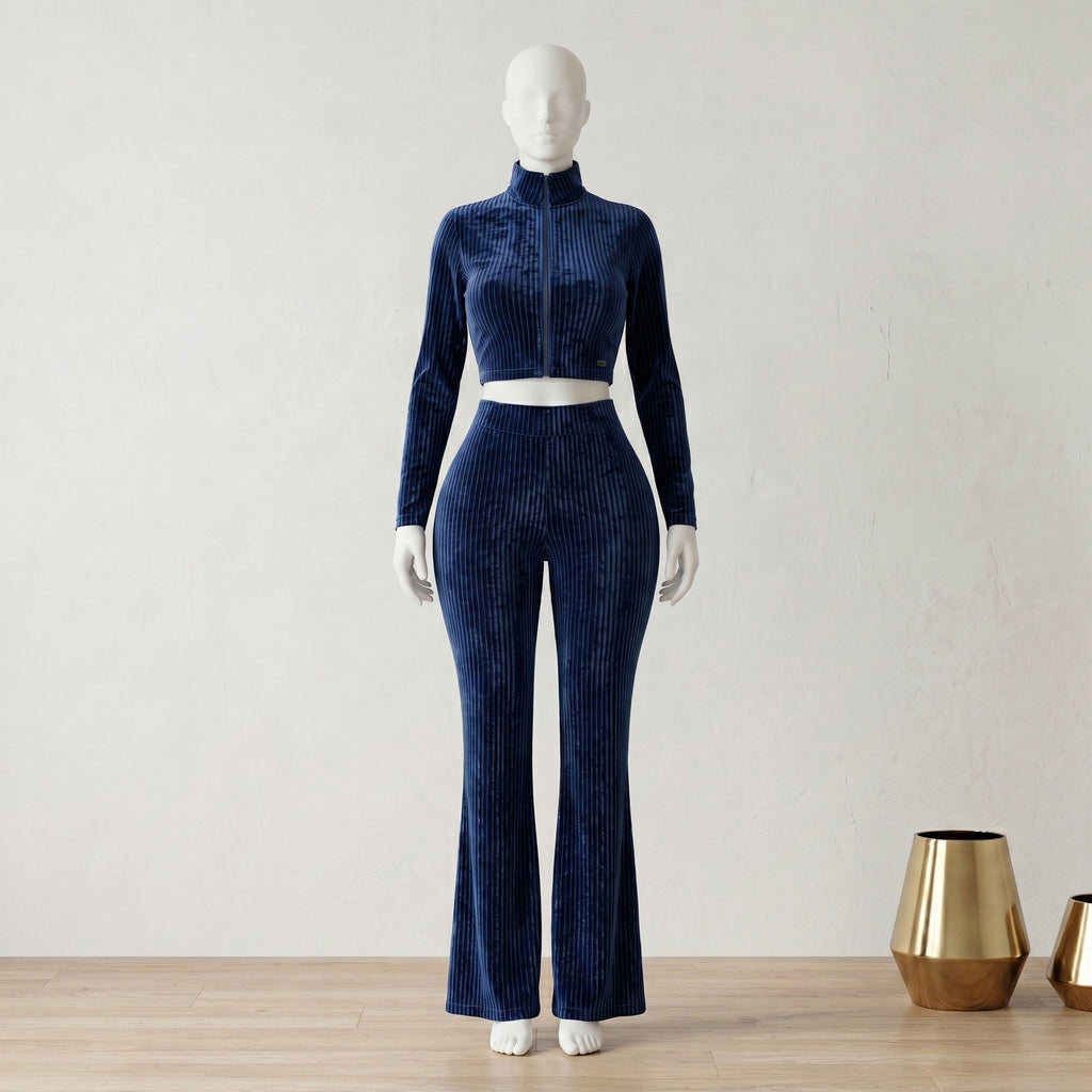 Navy Blue Ribbed Velvet Crop Jacket & Flare Trouser Set
