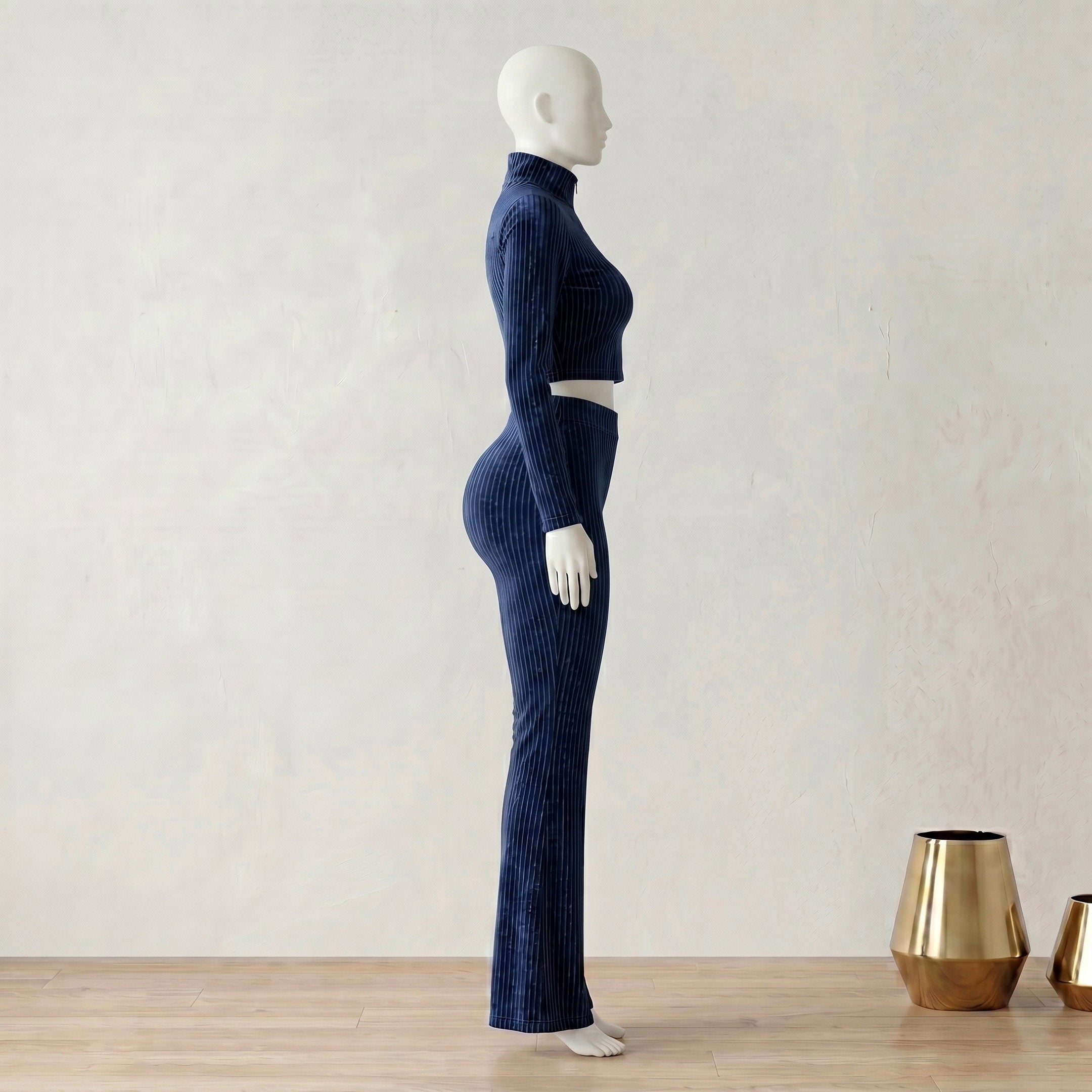 Navy Blue Ribbed Velvet Crop Jacket & Flare Trouser Set