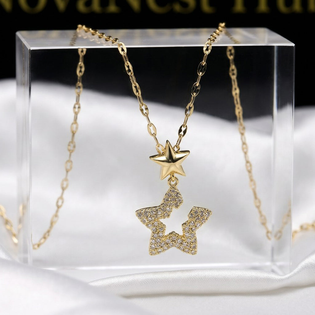 Gold Double Star Pendant Necklace – Pavé Crystal & Polished Star Charm