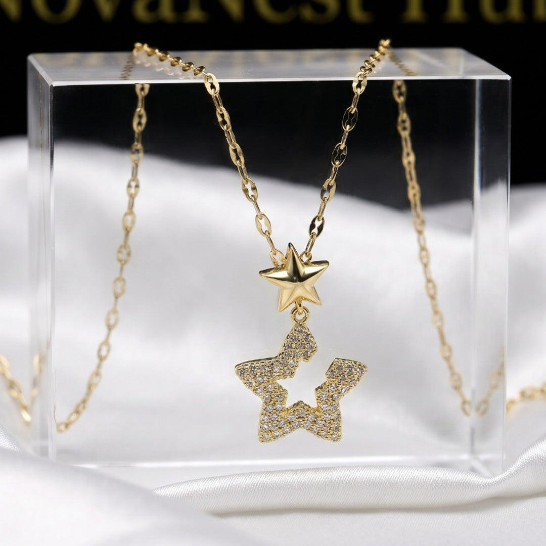 Gold Double Star Pendant Necklace – Pavé Crystal & Polished Star Charm