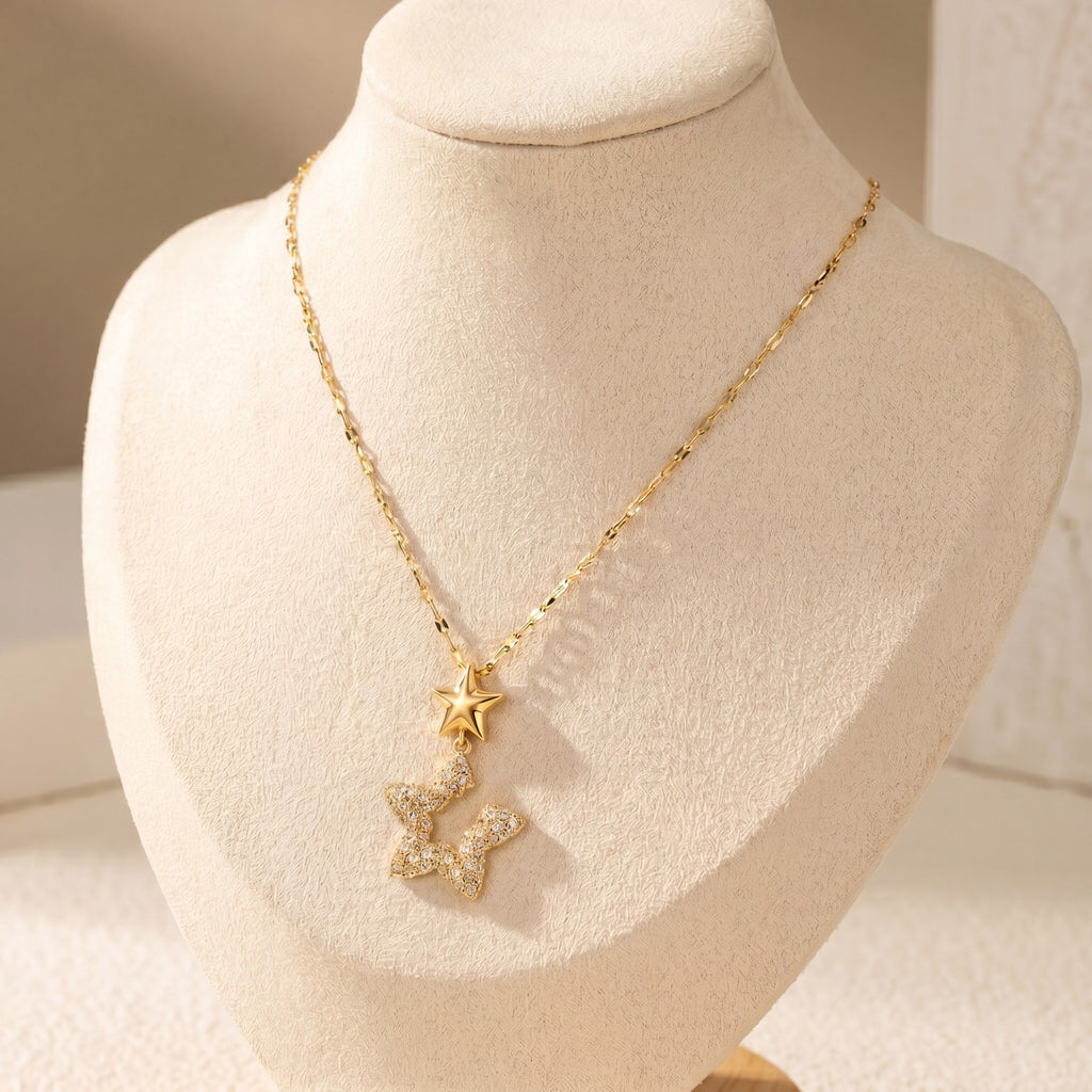 Gold Double Star Pendant Necklace – Pavé Crystal & Polished Star Charm