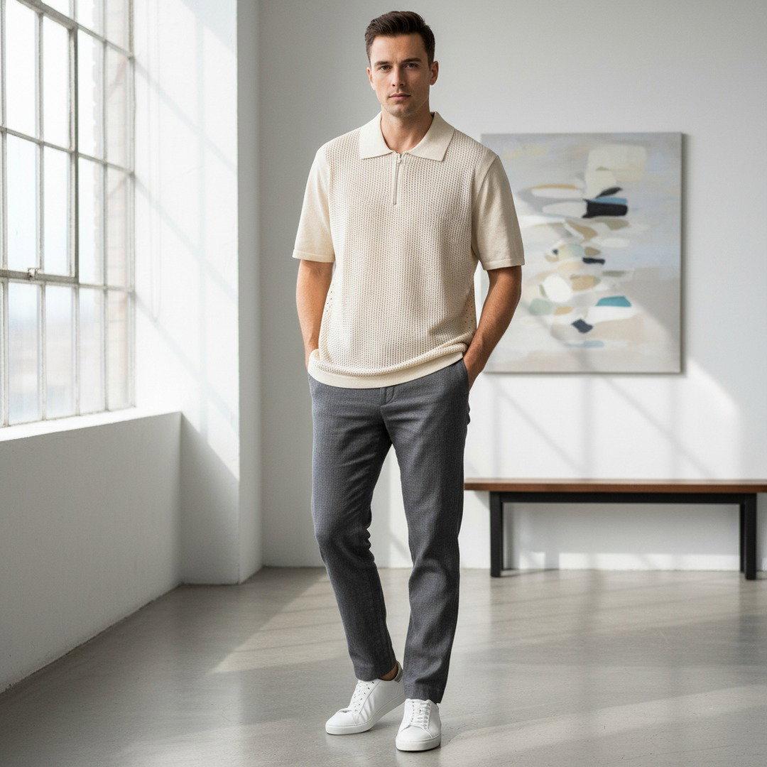 Men's Open-Weave Knit Quarter-Zip Polo Shirt – Cream