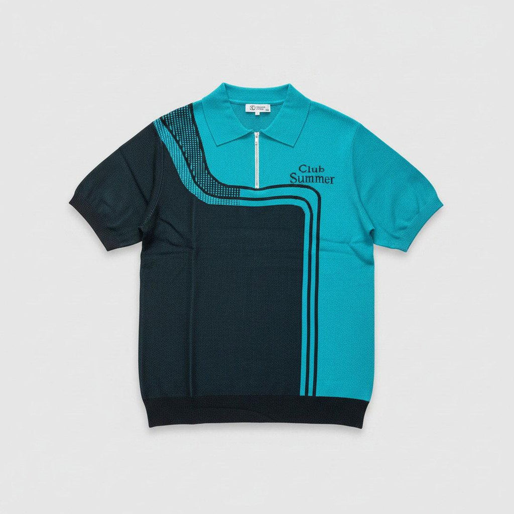 Club Summer Colour Block Zip Polo Shirt – Teal & Black