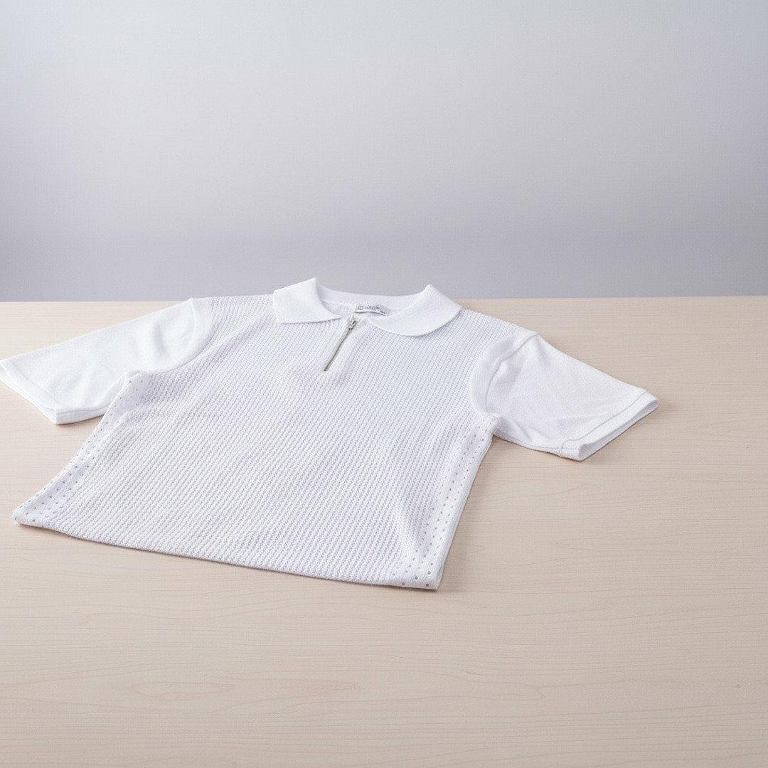 Men's Open-Weave Knit Quarter-Zip Polo Shirt – White