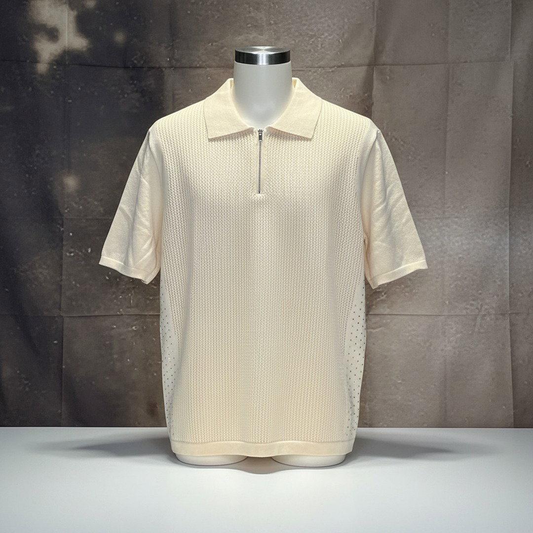 Men's Open-Weave Knit Quarter-Zip Polo Shirt – Cream
