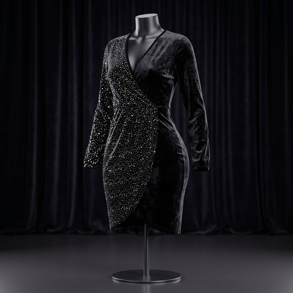 Black Velvet Rhinestone Wrap Dress