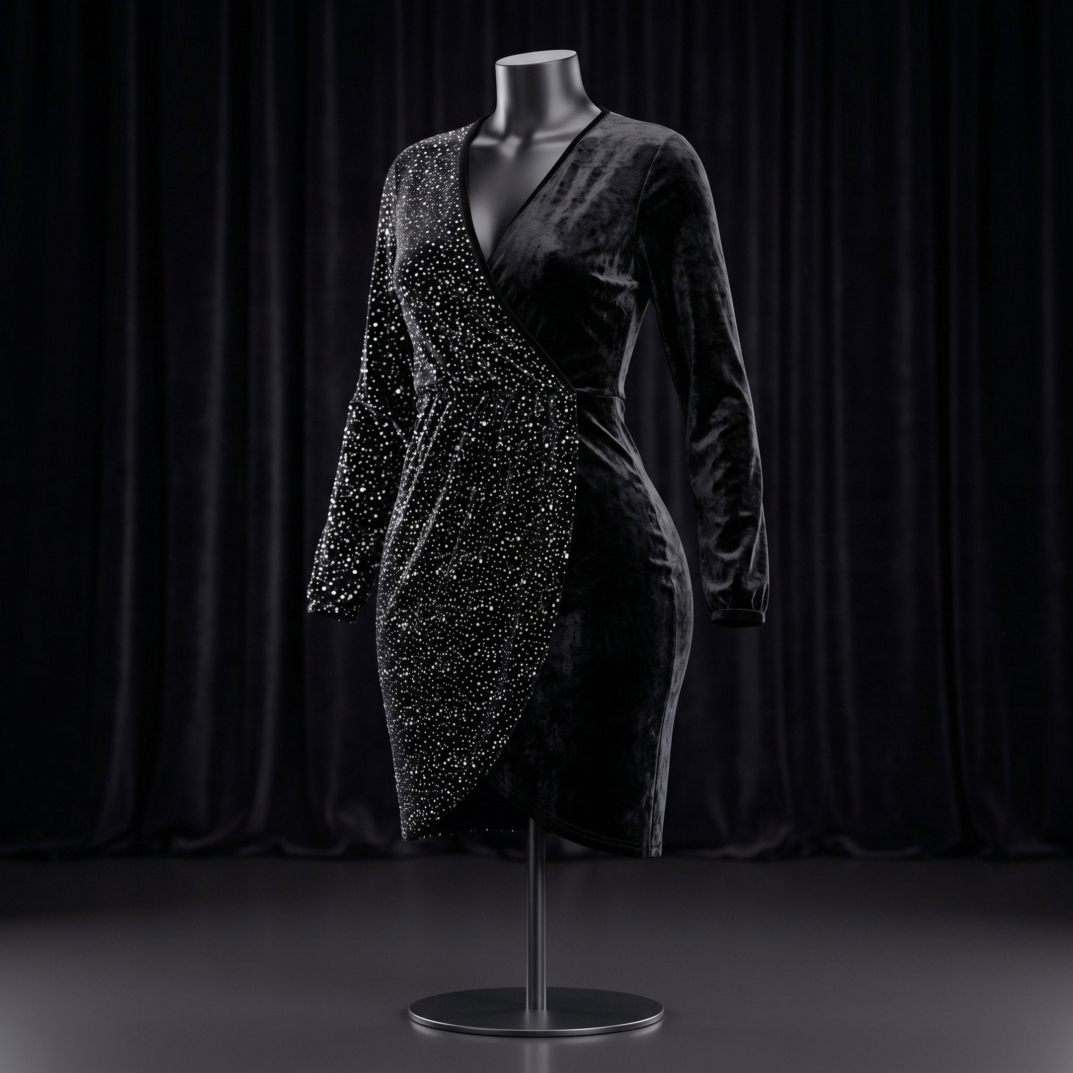 Black Velvet Rhinestone Wrap Dress