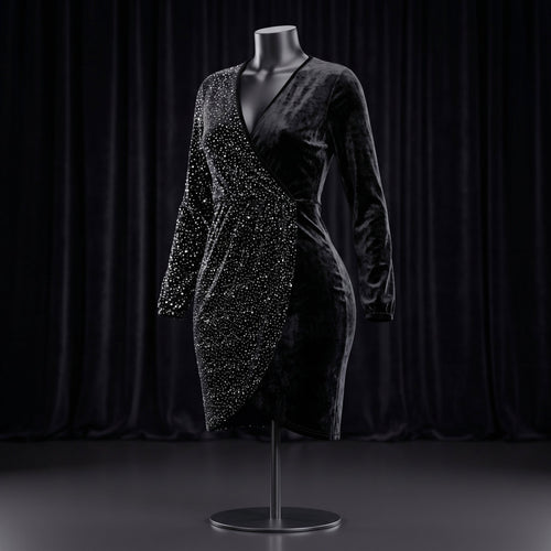 Black Velvet Rhinestone Wrap Dress