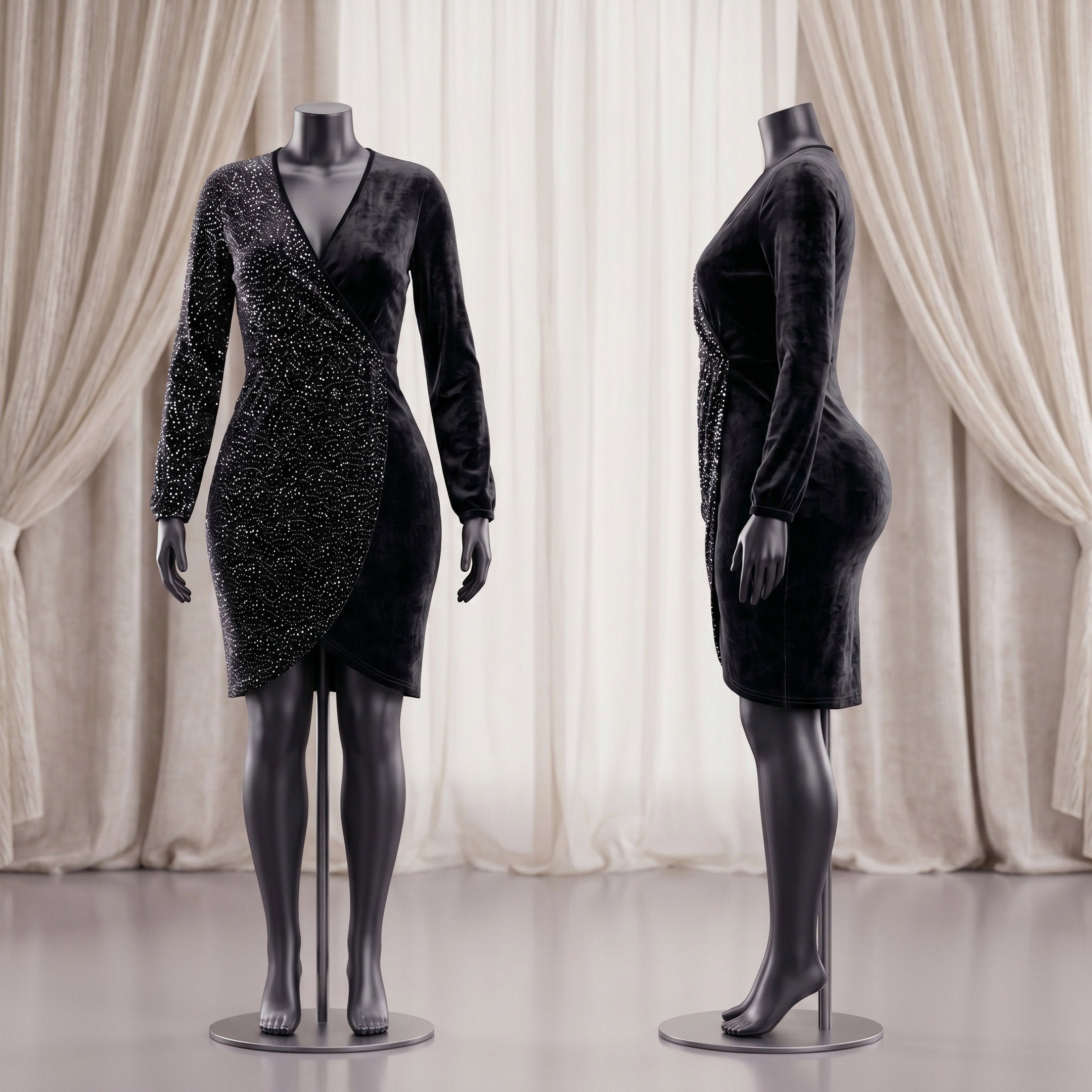 Black Velvet Rhinestone Wrap Dress