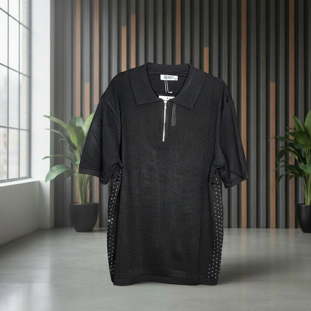 Men's Crystal Stud Knit Quarter-Zip Polo Shirt – Black