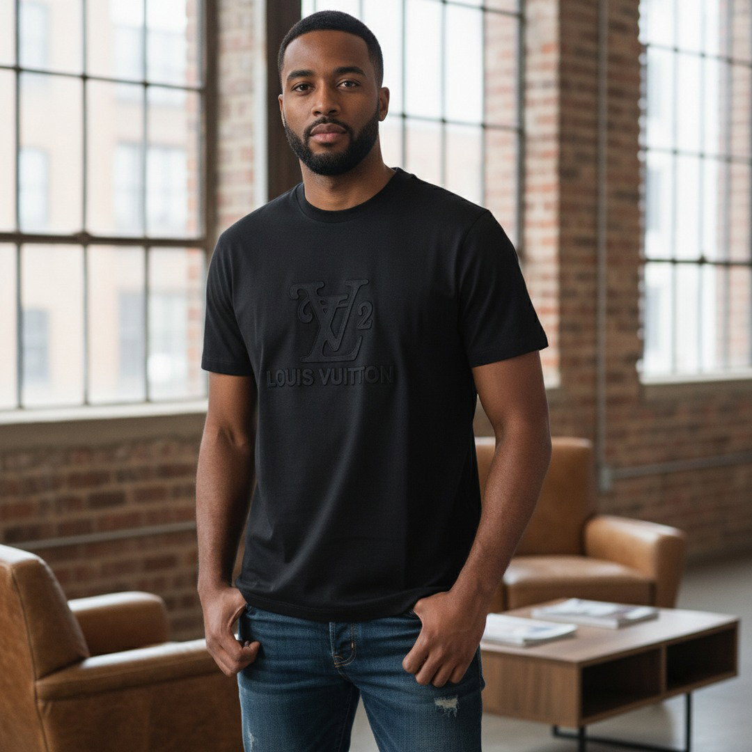 Premium Black Embossed Logo Crew Neck T-Shirt