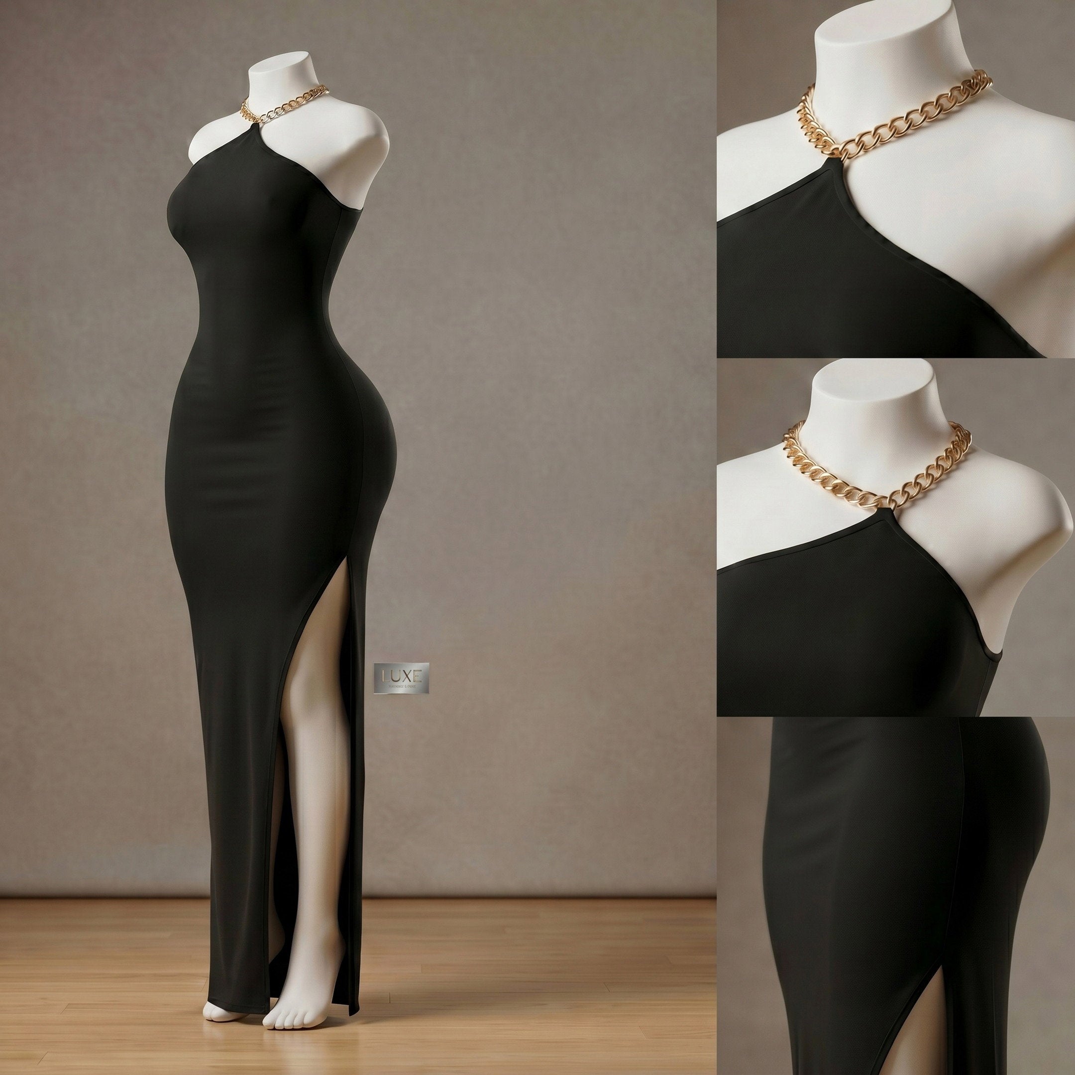 Black Chain Halter Neck Bodycon Maxi Dress with Side Split
