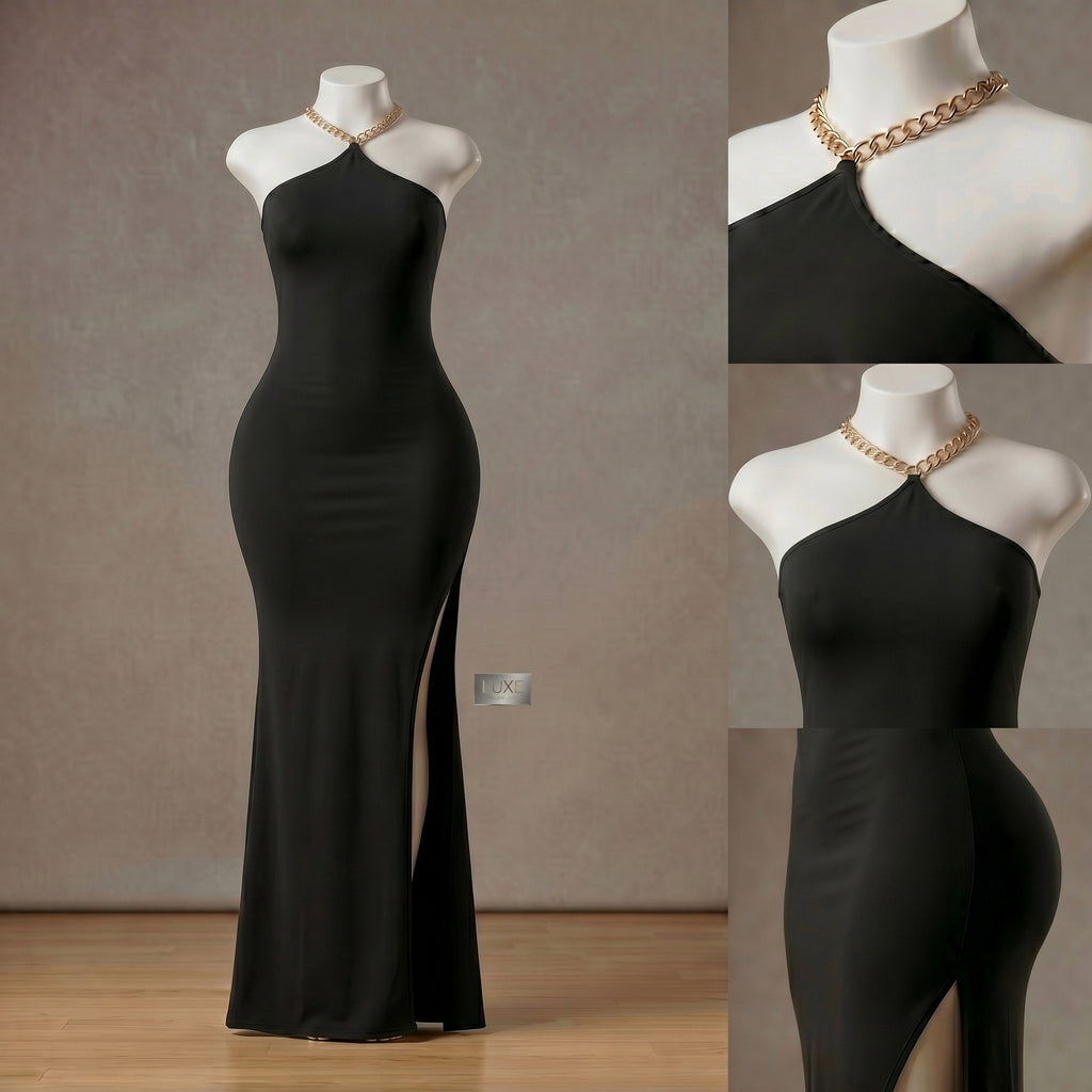 Black Chain Halter Neck Bodycon Maxi Dress with Side Split