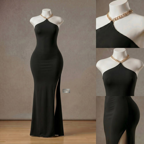 Black Chain Halter Neck Bodycon Maxi Dress with Side Split