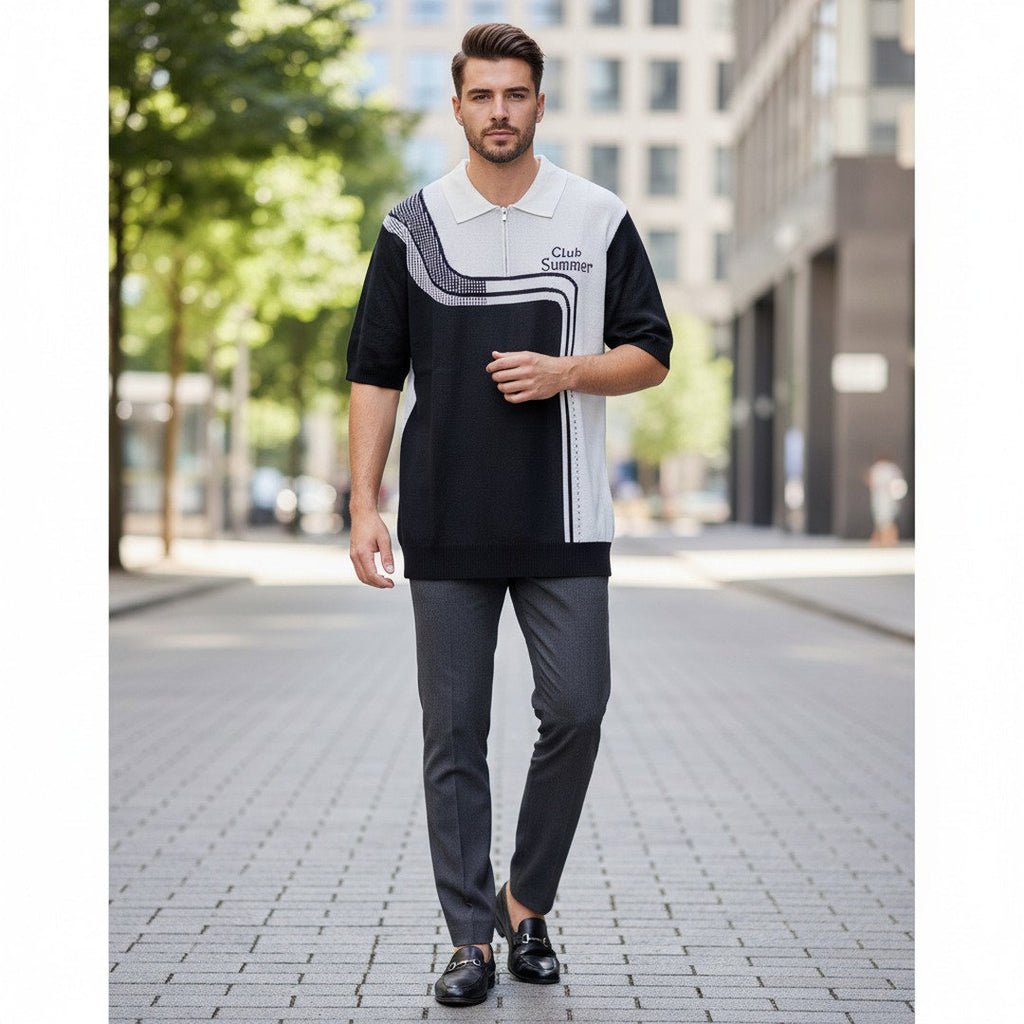 Club Summer Colour Block Zip Polo Shirt – Black & White