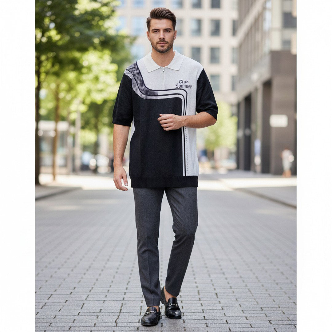 Club Summer Colour Block Zip Polo Shirt – Black & White