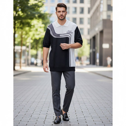 Club Summer Colour Block Zip Polo Shirt – Black & White