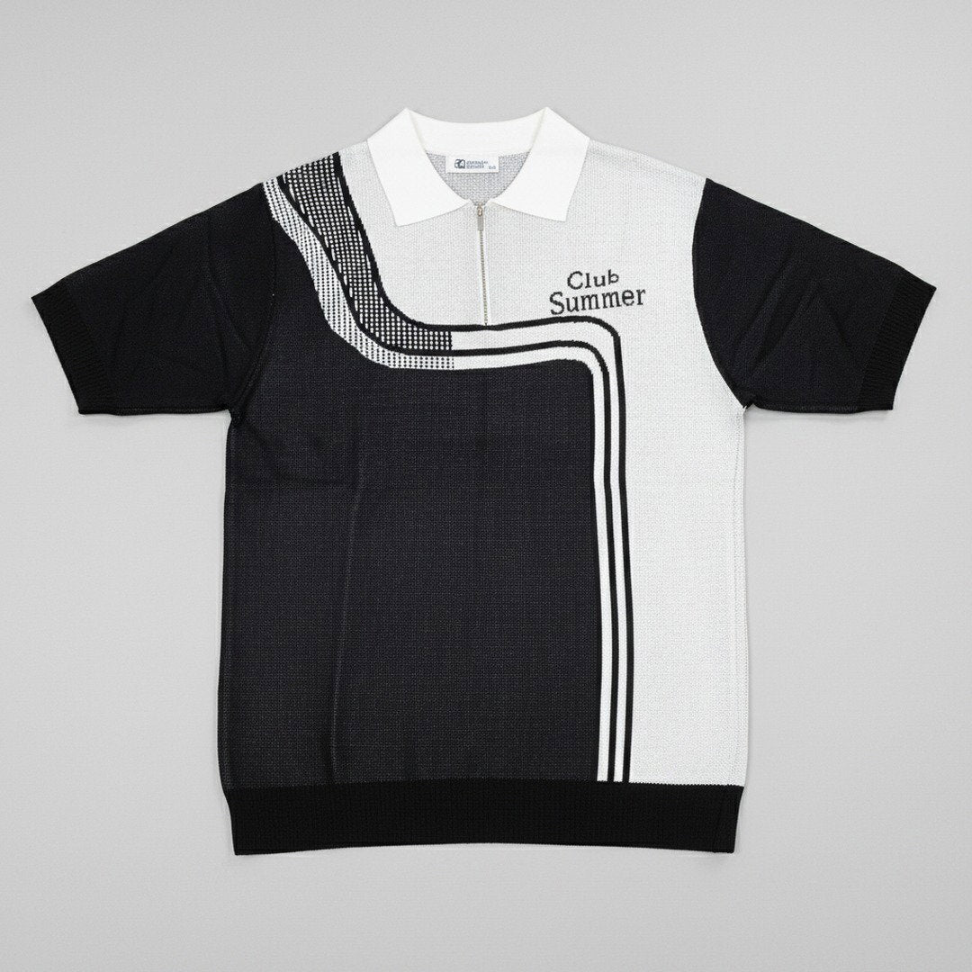 Club Summer Colour Block Zip Polo Shirt – Black & White