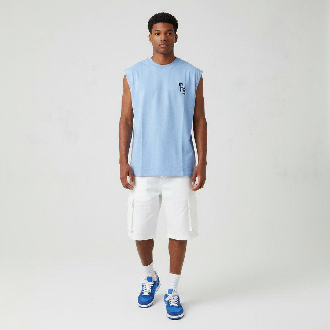 Men's Sleeveless Embroidered Logo Tee – Sky Blue