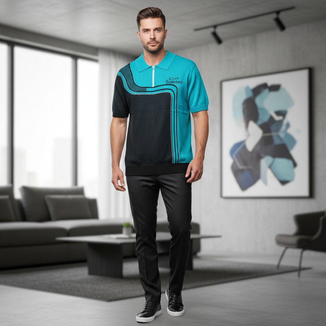 Club Summer Colour Block Zip Polo Shirt – Teal & Black