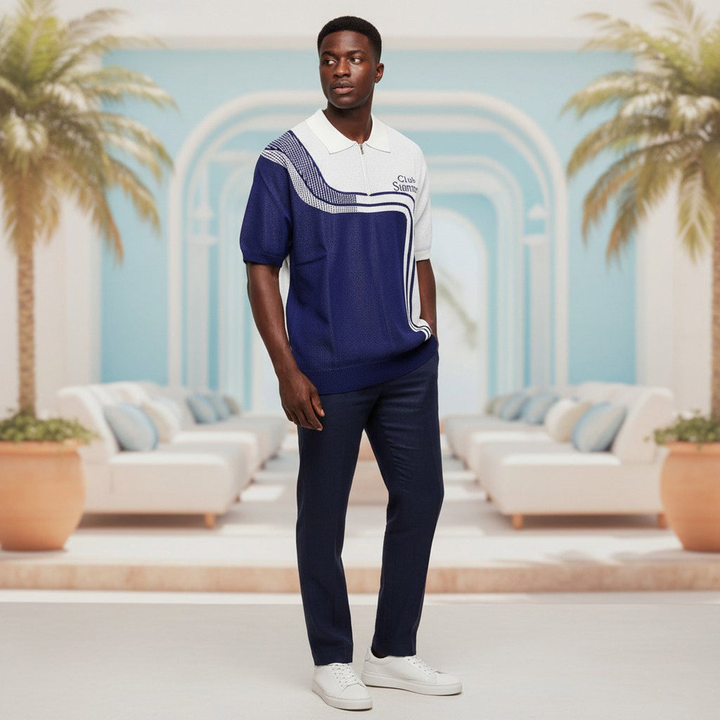 Club Summer Colour Block Zip Polo Shirt – Navy & White