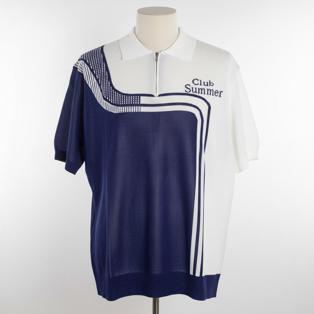 Club Summer Colour Block Zip Polo Shirt – Navy & White
