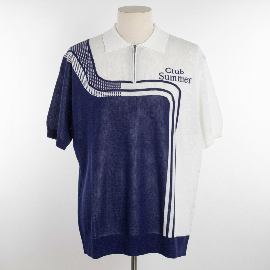 Club Summer Colour Block Zip Polo Shirt – Navy & White