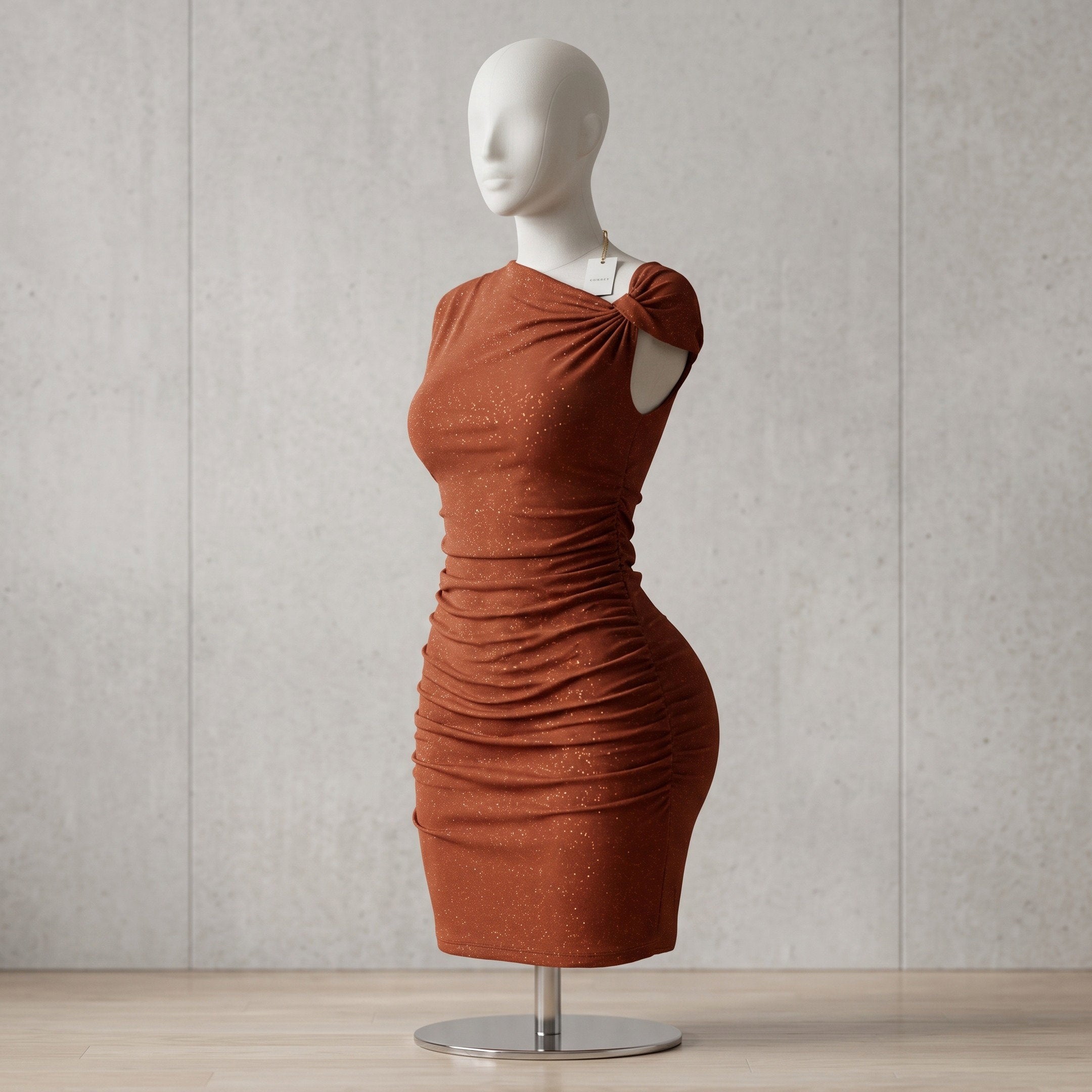 Rust Brown Glitter Ruched One-Shoulder Bodycon Mini Dress