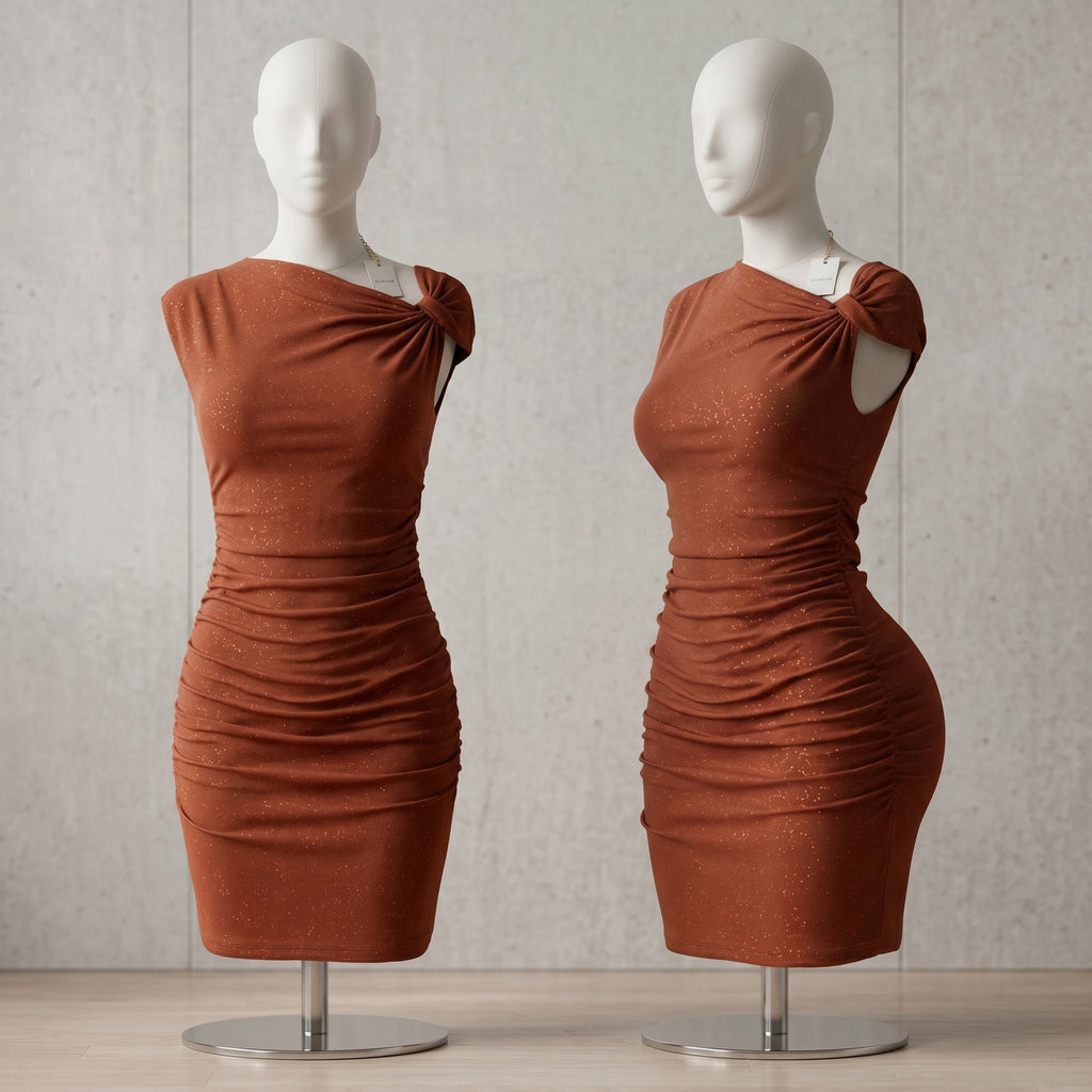 Rust Brown Glitter Ruched One-Shoulder Bodycon Mini Dress