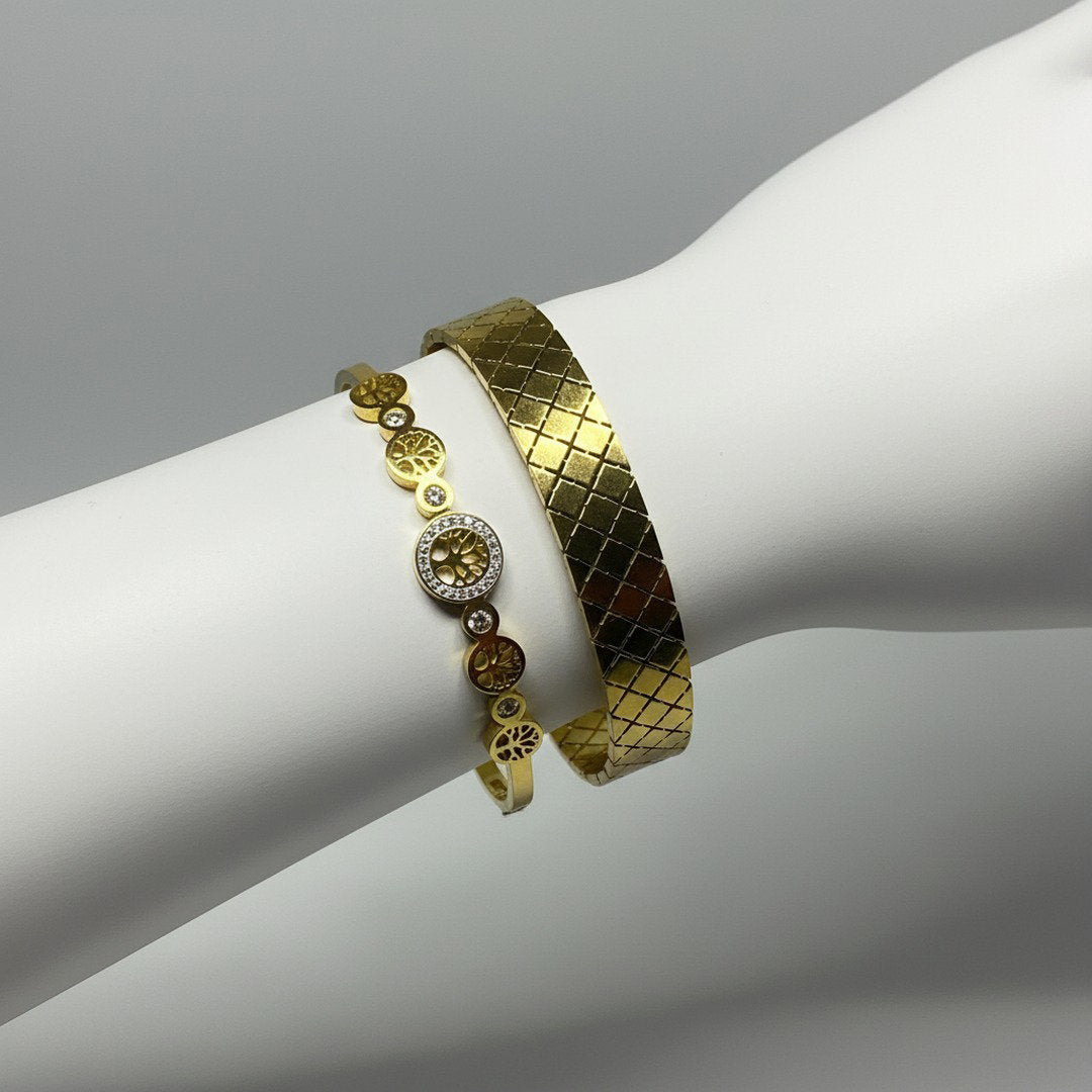 Gold Diamond Quilted Bangle & Tree of Life Bracelet Set – 2-Piece Stacking Set