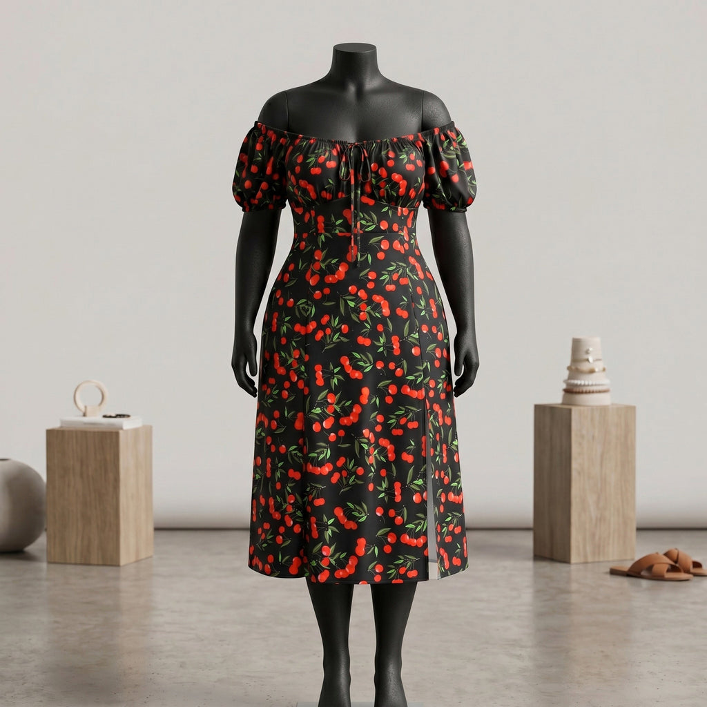 Black Cherry Print Off-Shoulder Puff Sleeve Midi Dress