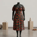 Black Cherry Print Off-Shoulder Puff Sleeve Midi Dress