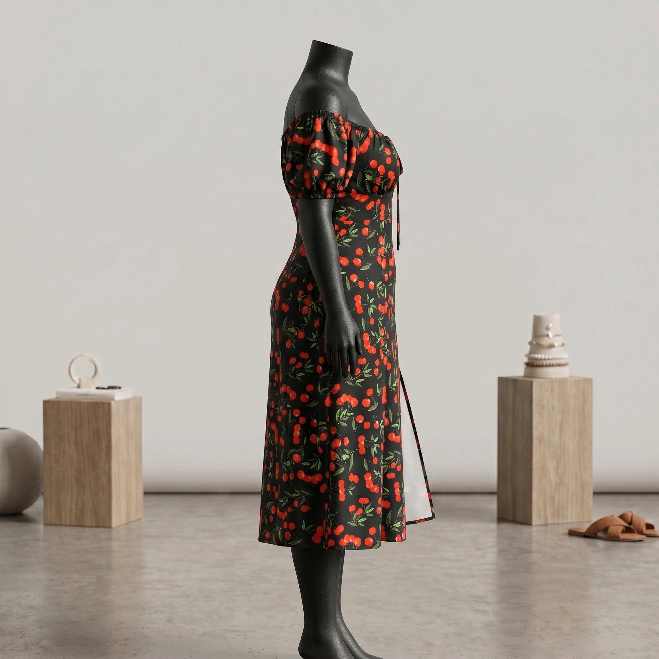 Black Cherry Print Off-Shoulder Puff Sleeve Midi Dress