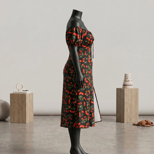 Black Cherry Print Off-Shoulder Puff Sleeve Midi Dress