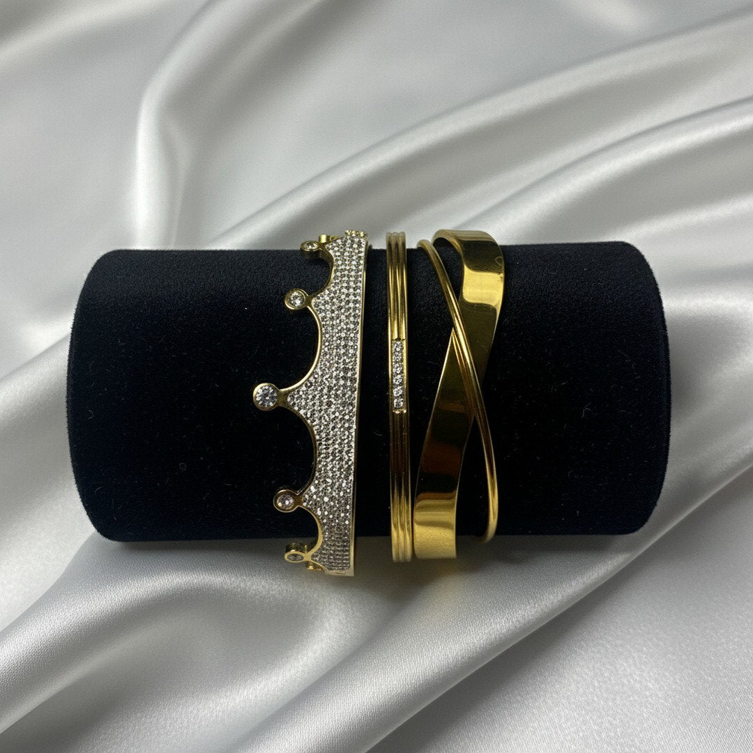Gold Crown Bangle Stack Set – 3-Piece Luxury Bracelet Set