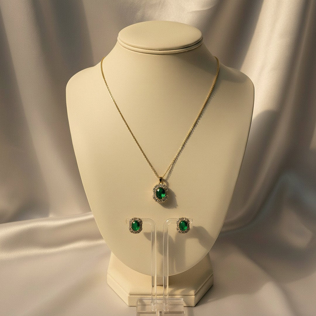 Emerald Green Crystal Pendant Necklace & Stud Earrings Set