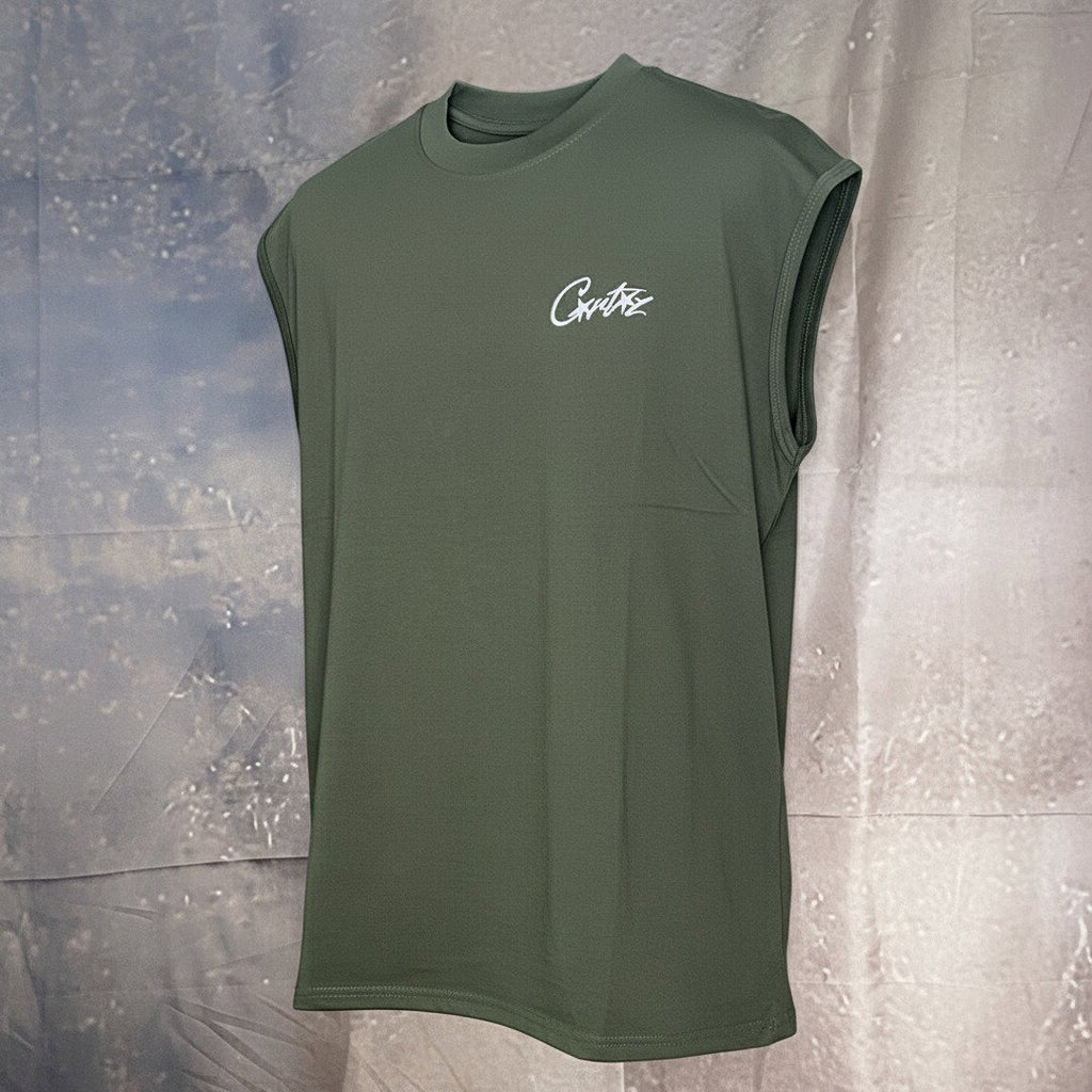 Men's Sleeveless Script Tee – Olive Green