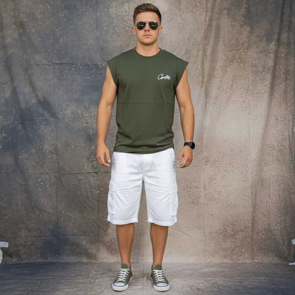 Men's Sleeveless Script Tee – Olive Green