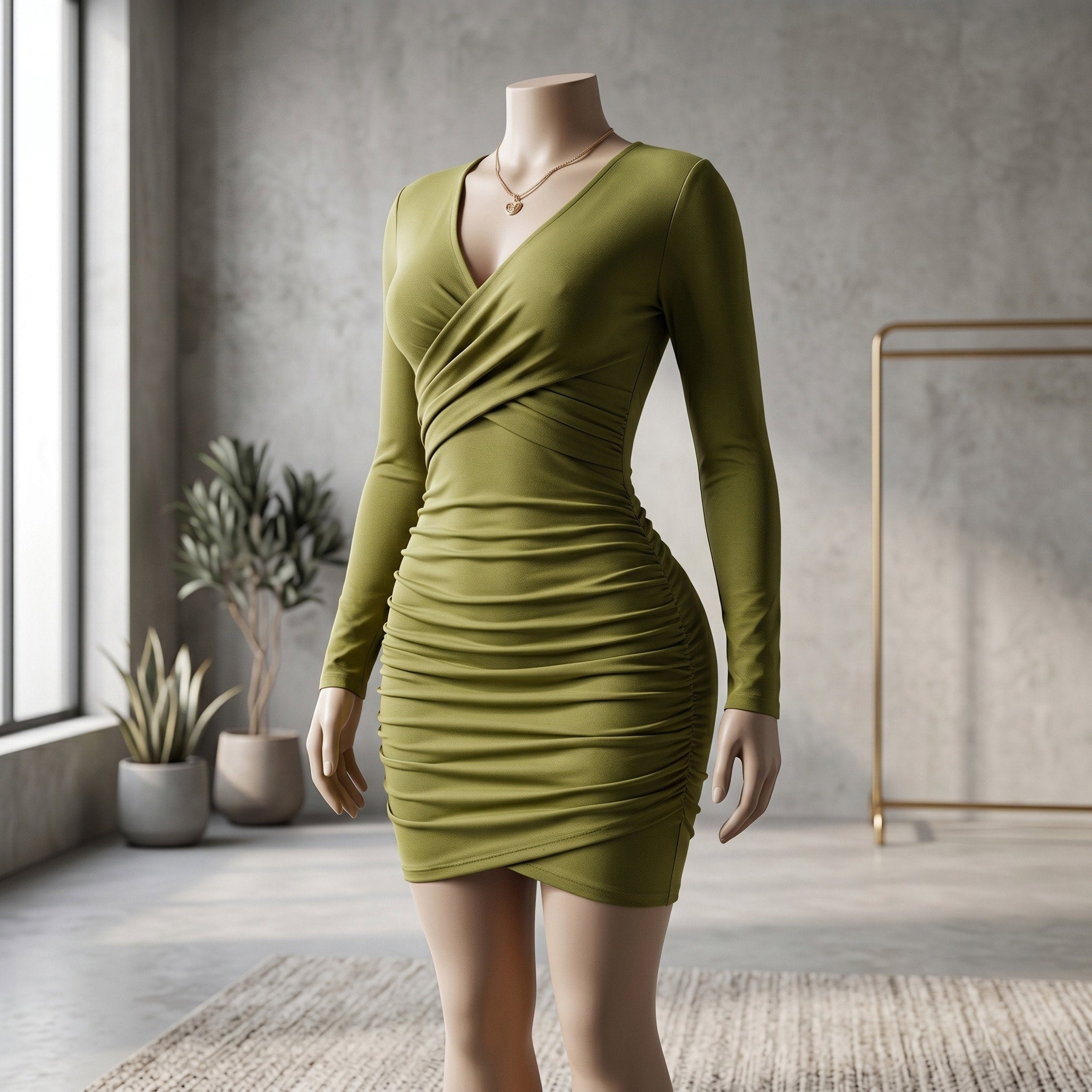 Olive Green Ruched Wrap Mini Dress