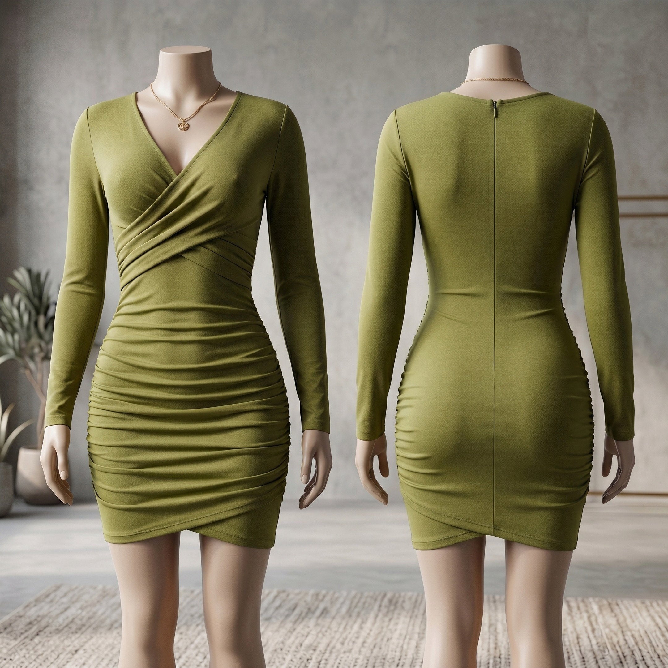 Olive Green Ruched Wrap Mini Dress