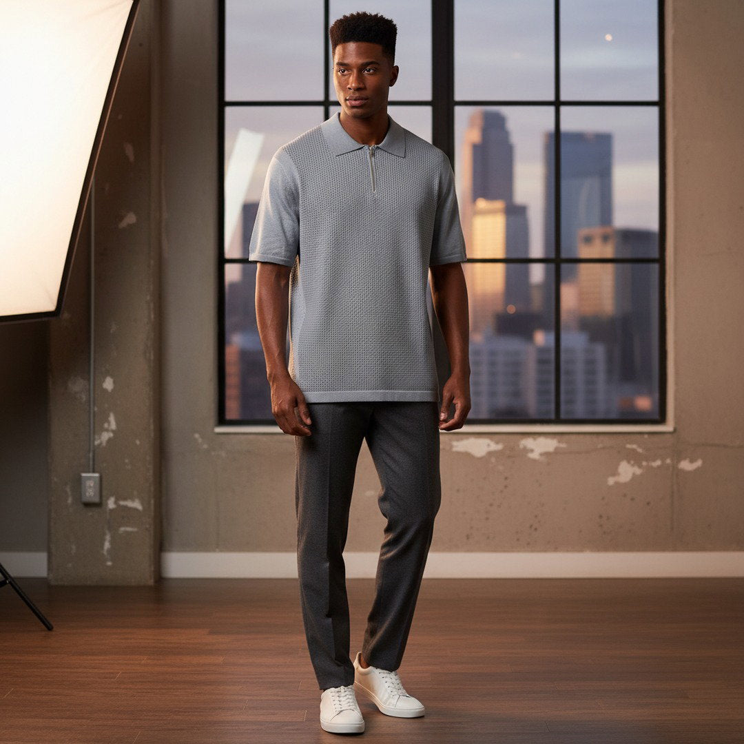 Men's Chunky Knit Quarter-Zip Polo Shirt – Stone Grey