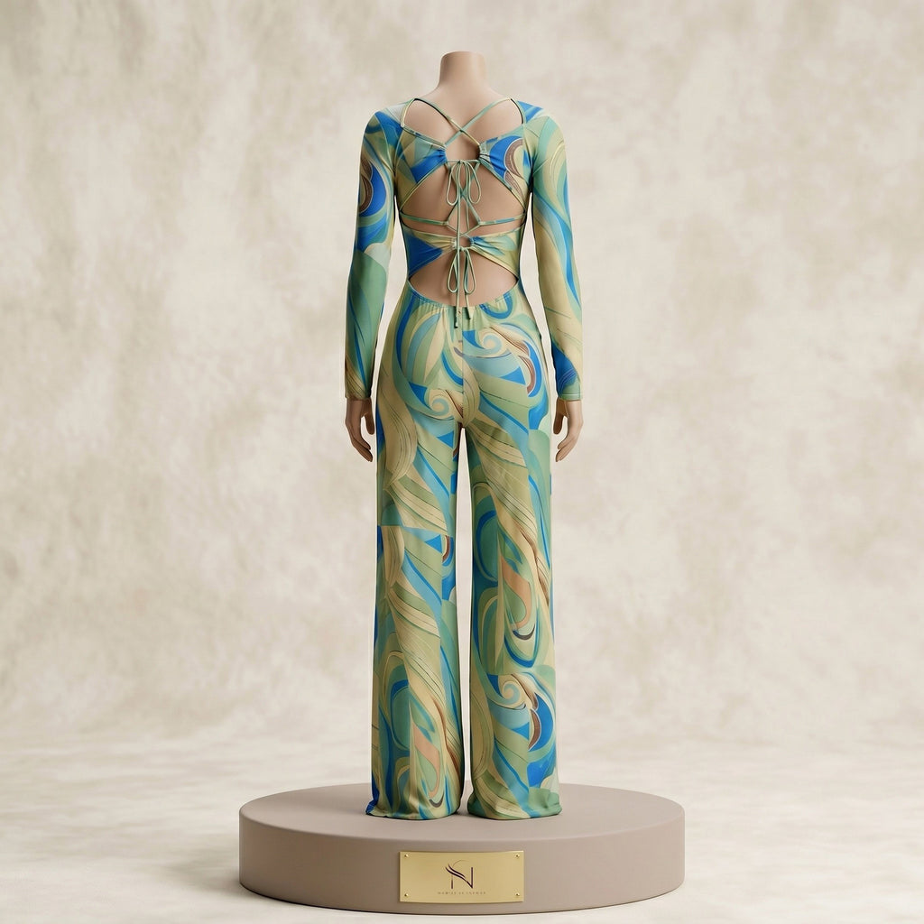 Abstract Swirl Print Lace-Up Back Wide Leg Jumpsuit