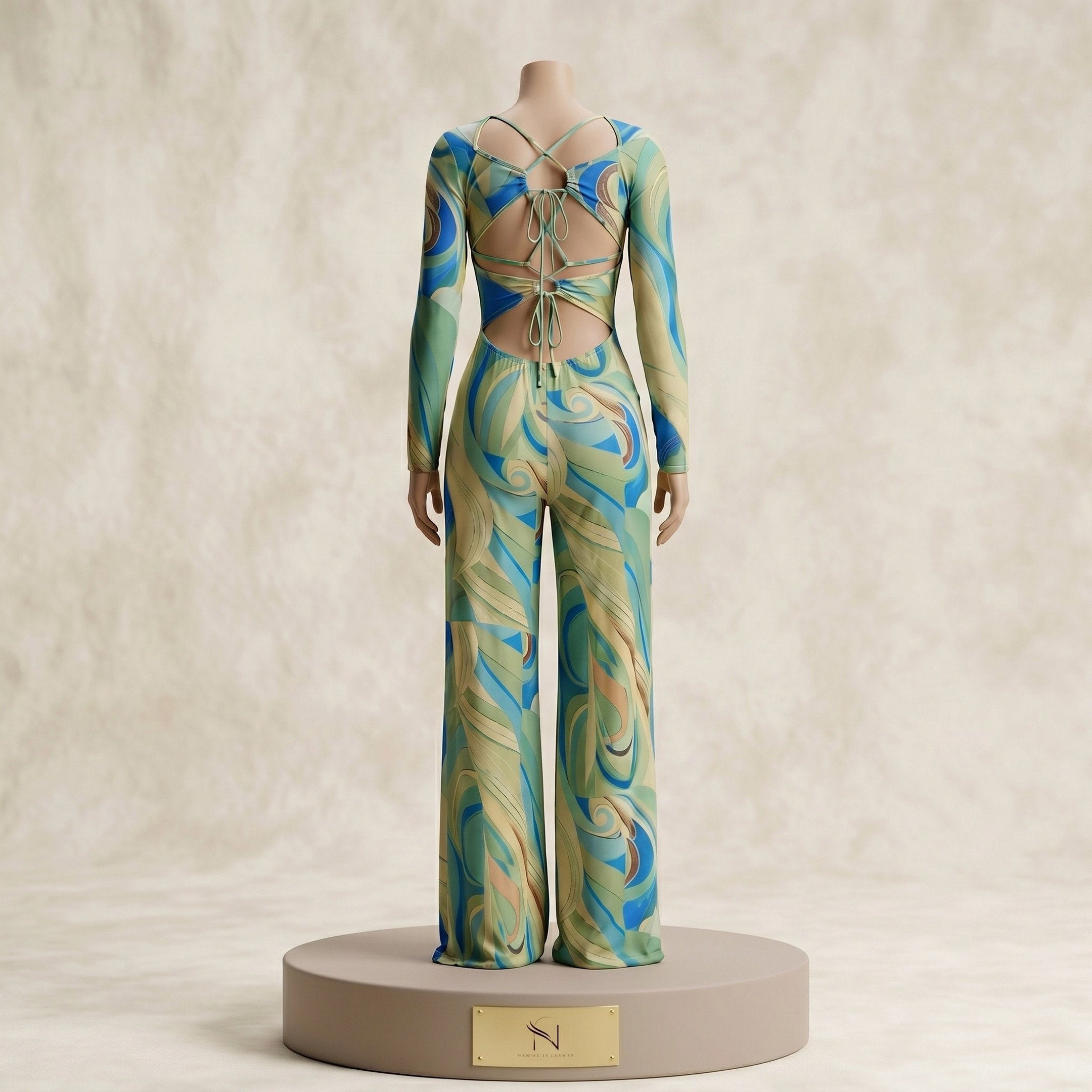 Abstract Swirl Print Lace-Up Back Wide Leg Jumpsuit