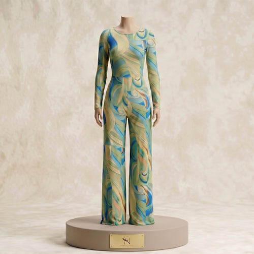 Abstract Swirl Print Lace-Up Back Wide Leg Jumpsuit