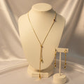 Gold Ruby Crystal Lariat Teardrop Necklace & Earrings Set