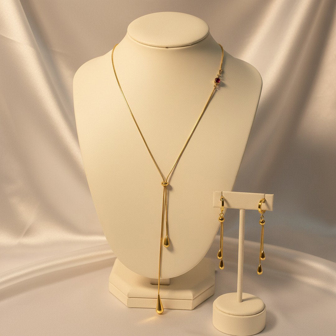 Gold Ruby Crystal Lariat Teardrop Necklace & Earrings Set