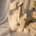 Gold Puffy Heart Pendant Necklace & Stud Earrings Set