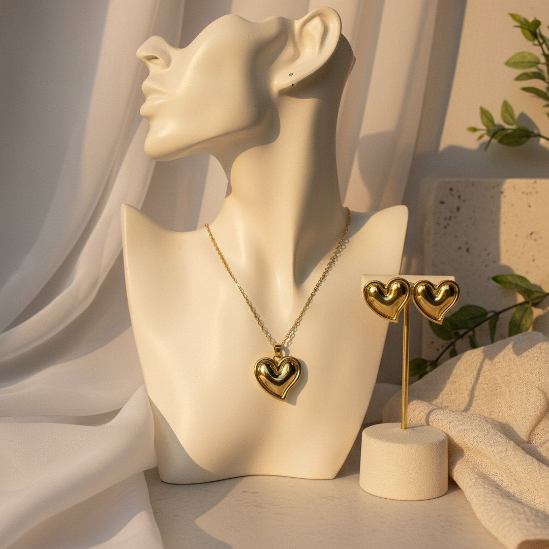 Gold Puffy Heart Pendant Necklace & Stud Earrings Set